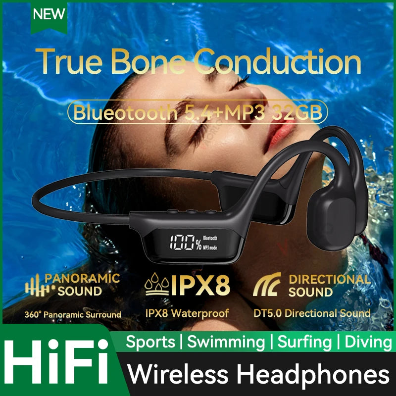 Auriculares inalámbricos de conducción ósea con Bluetooth 5.4, 30 metros de profundidad, IPX8, resistentes al agua, para natación, 32 GB de RAM, reproductor MP3