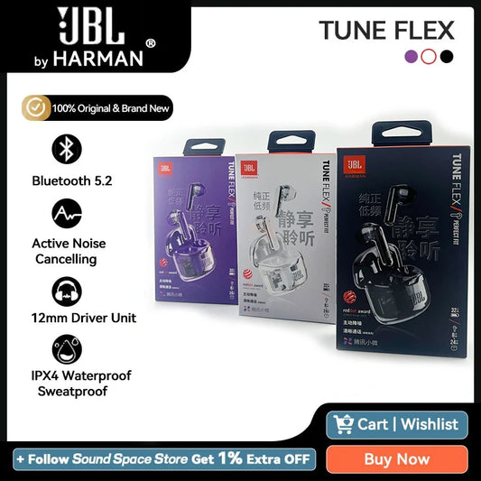 Auriculares inalámbricos JBL TUNE FLEX 100% originales, unidad de controlador de 12 mm, Bluetooth 5.2, translúcidos, IPX4, auriculares Bluetooth